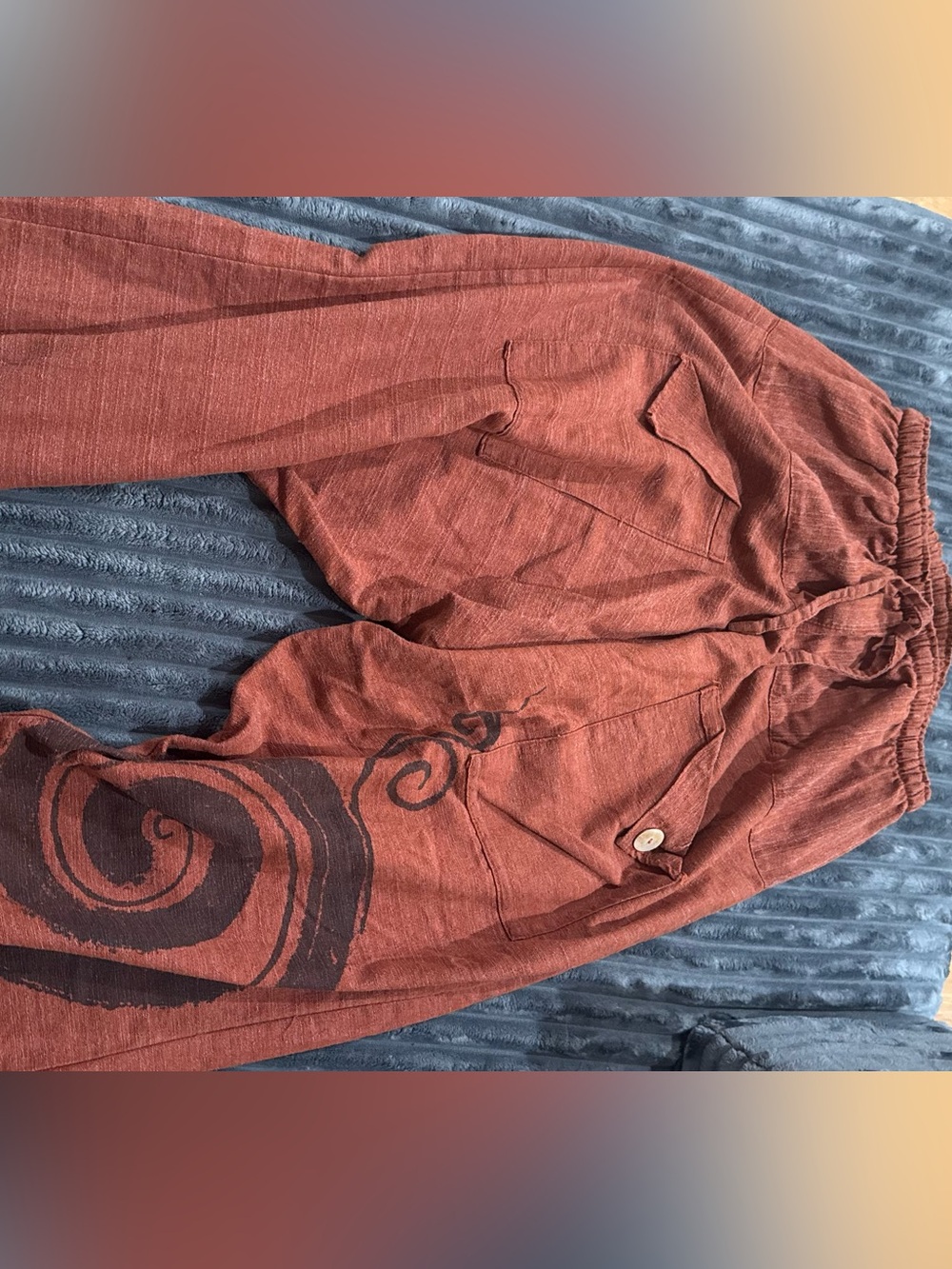 Rust Red Boho Elastic Waist Pants with Spiral Print, baggy yoga pants one size